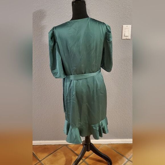 Keepsake The Label Green Satin Wrap Dress | Ruffle Short Sleeve Mini | Size L - Picture 4 of 15